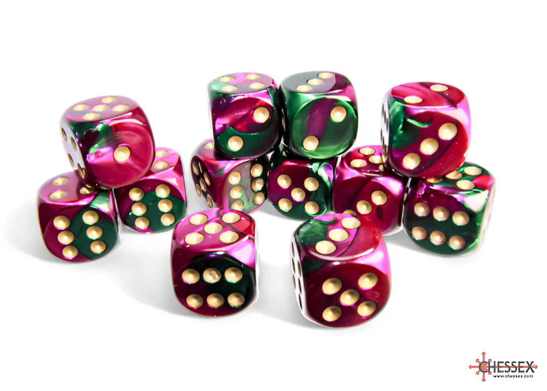 Chessex D6 Gemini 16mm D6 Green-purple/gold Dice Block (12 Dice) - Image 2