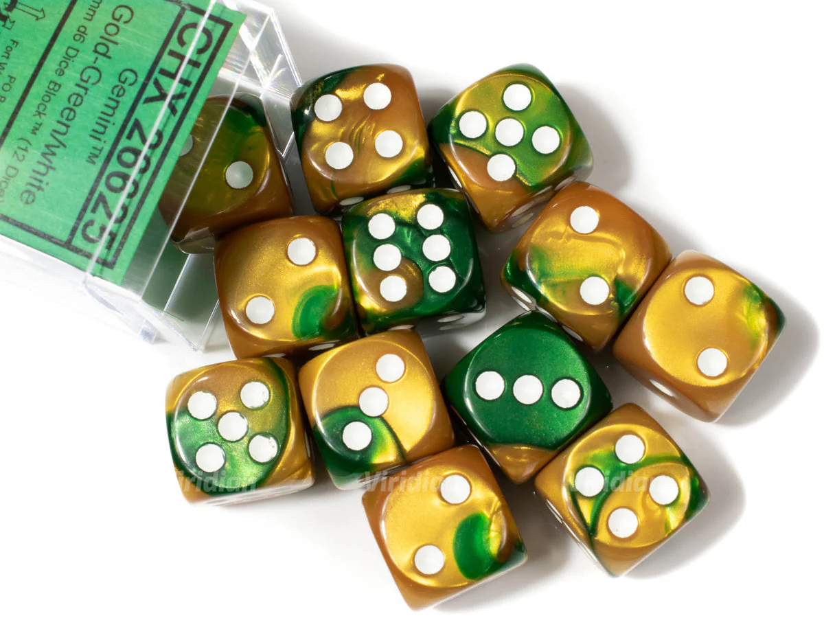 Chessex - Gemini 16mm D6 Dice Block 12-Piece Set - Gold/Green/White - Image 3
