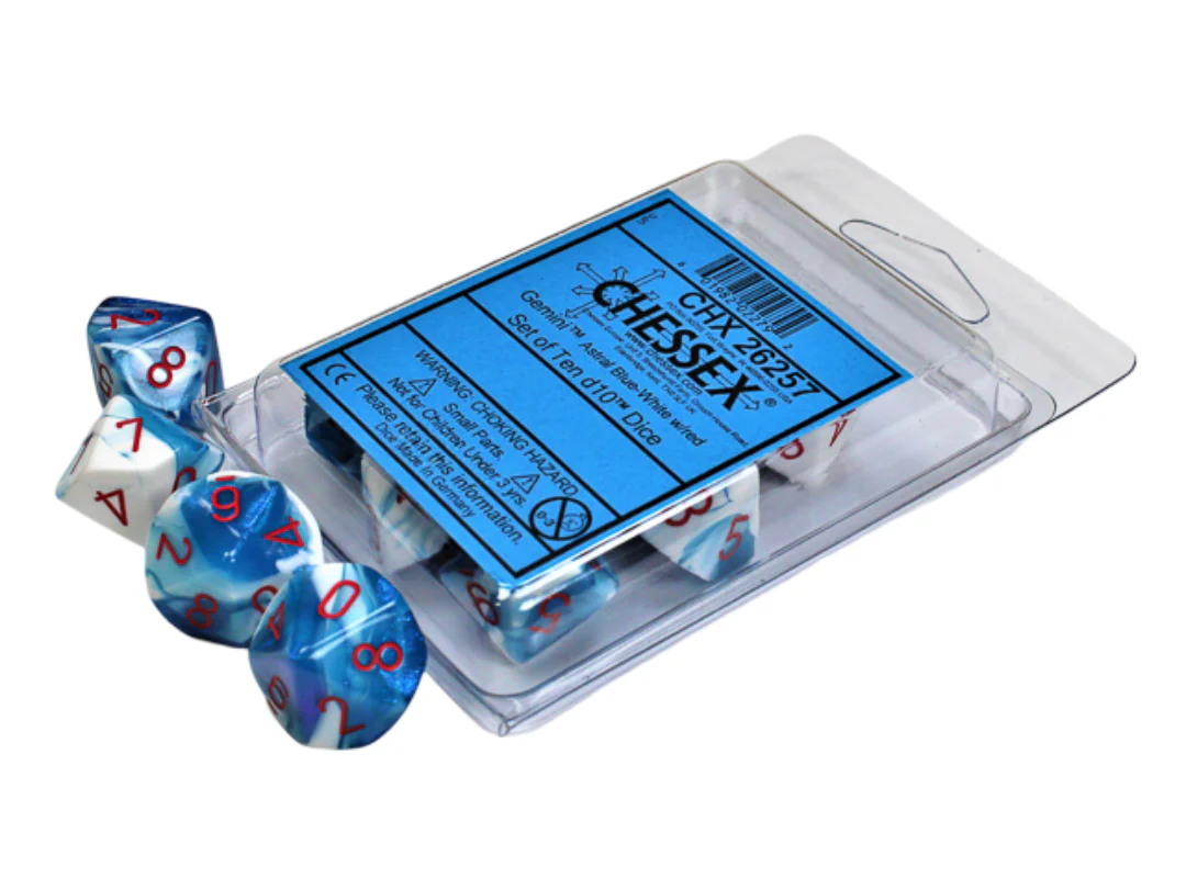 Chessex - Gemini d10 Dice 10-Piece Set - Astral Blue-White/Red - Image 2