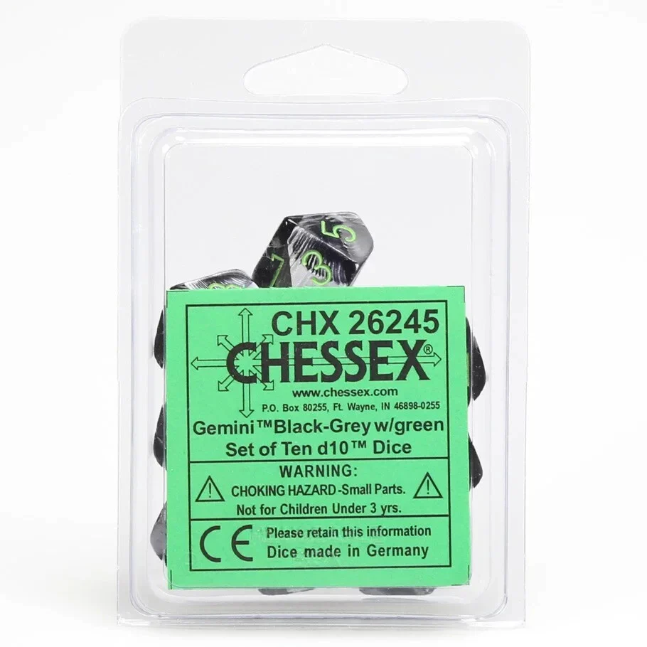 Chessex - Gemini d10 Dice 10-Piece Set - Black-Grey/Green