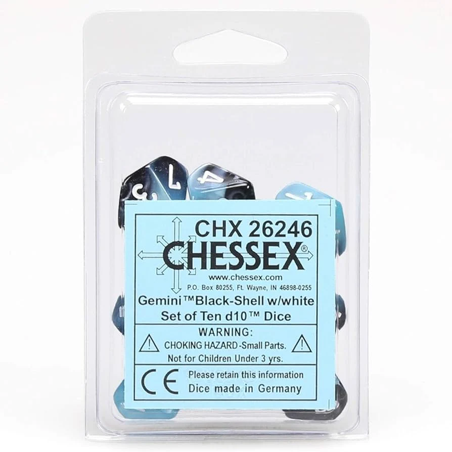 Chessex - Gemini d10 Dice 10-Piece Set - Black-Shell/White