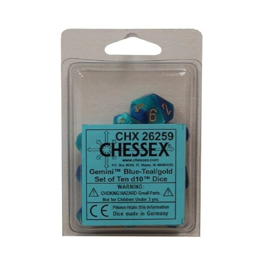 Chessex - Gemini d10 Dice 10-Piece Set - Blue-Teal/Gold