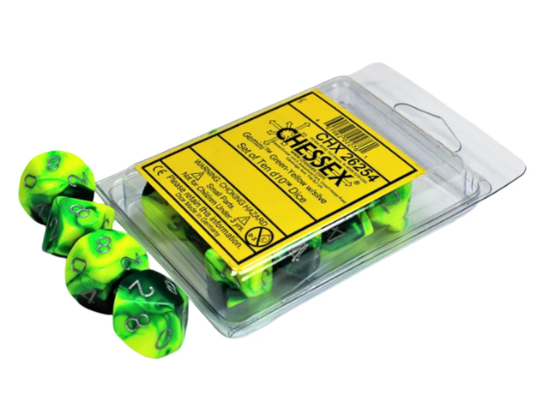 Chessex - Gemini d10 Dice 10-Piece Set - Green-Yellow/Silver - Image 2