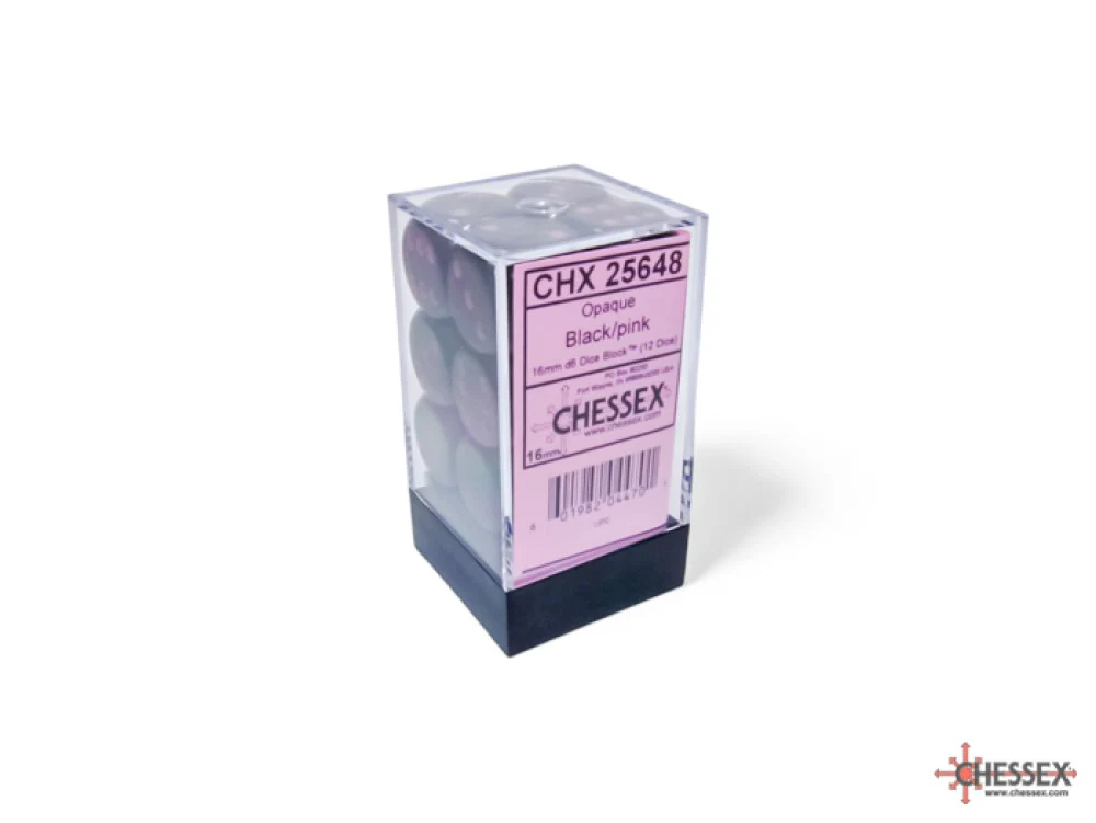 Chessex Opaque 16mm d6 Black/pink Dice Block (12 dice) CHX 25648 - Image 2
