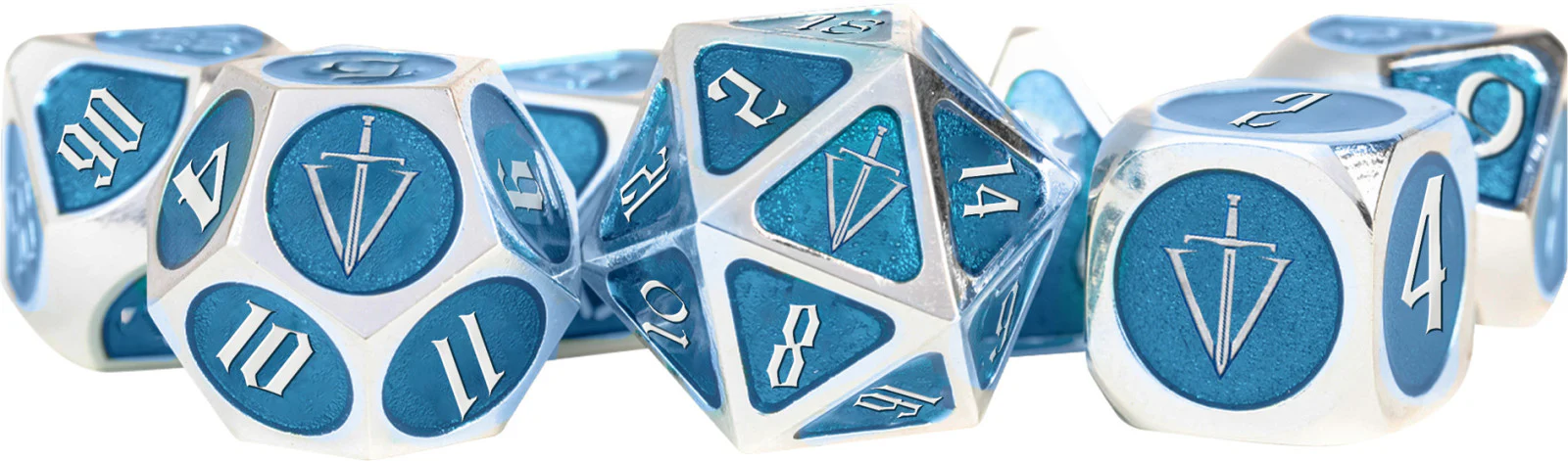 FanRoll by Metallic Dice Games - Tales of the Valiant RPG Dice Set 16mm - Silver/Light Blue Enamel - Image 6