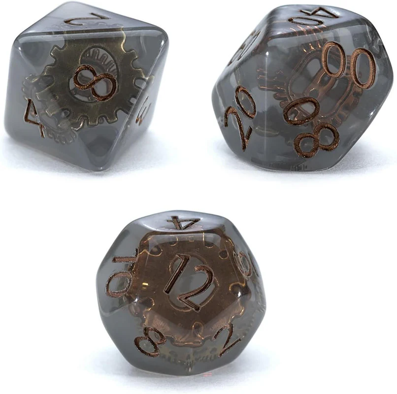 Gake Keeper Games - Steampunk Inclusion RPG Dice Set - Transparent Smoke Resin/Bronze - Image 2