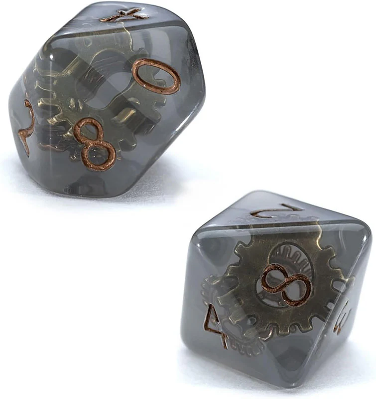 Gake Keeper Games - Steampunk Inclusion RPG Dice Set - Transparent Smoke Resin/Bronze - Image 3