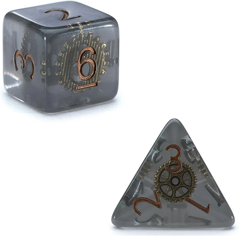 Gake Keeper Games - Steampunk Inclusion RPG Dice Set - Transparent Smoke Resin/Bronze - Image 4